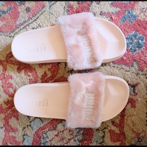 Fenty Puma pink faux fur slides